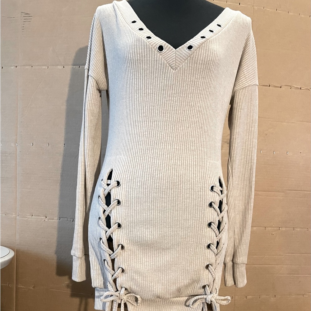 Cream Lace-Up Sweater Dress